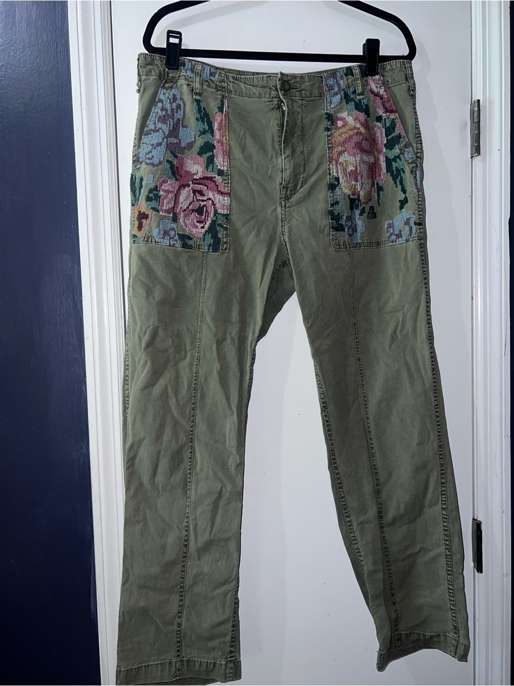Anthropologie Olive Green Straight Leg Pants with Floral Needlepoint Pockets